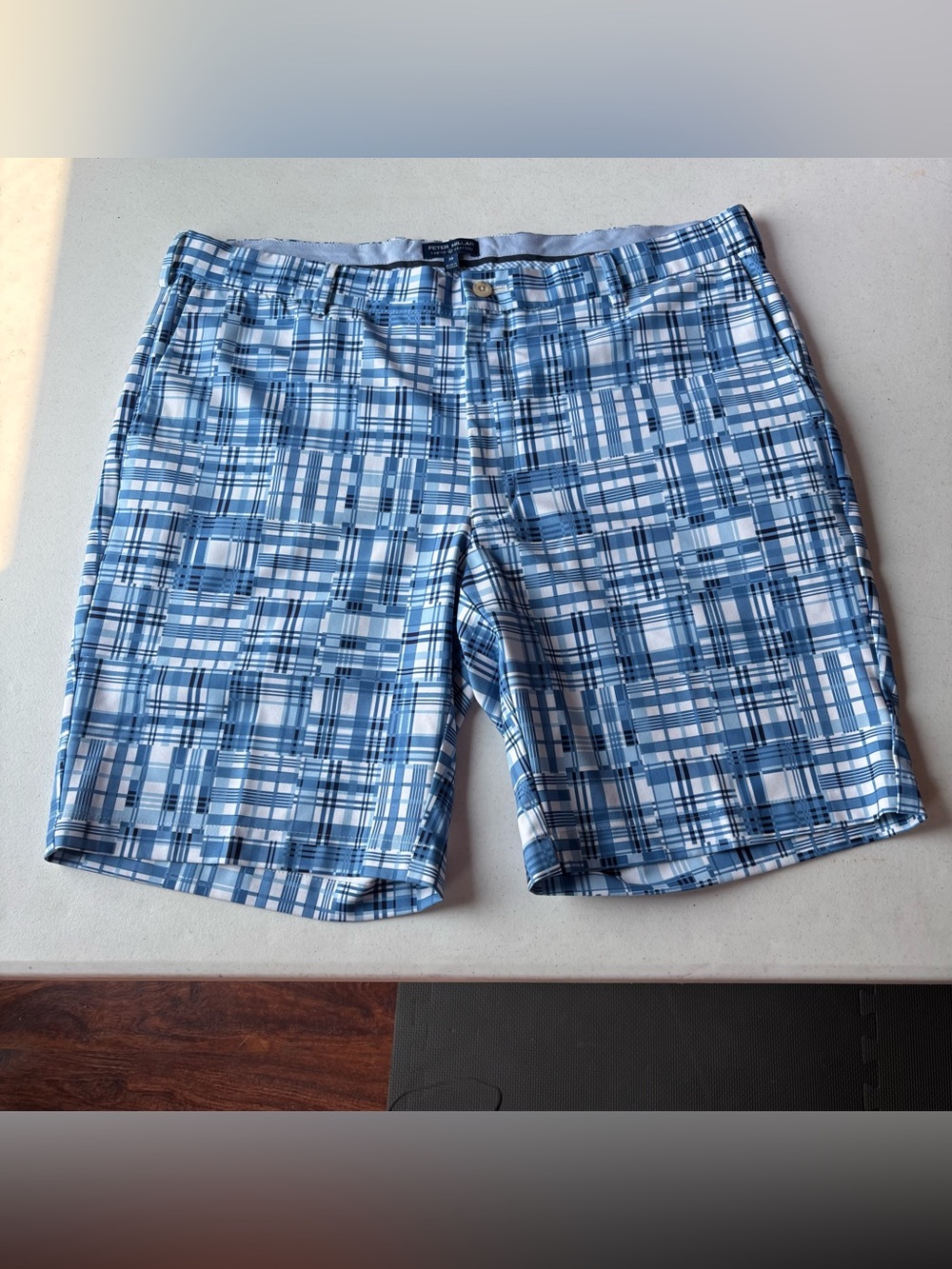Peter Millar Crown Crafted Mens 38 Golf Shorts Blue Plaid Stretch Performance